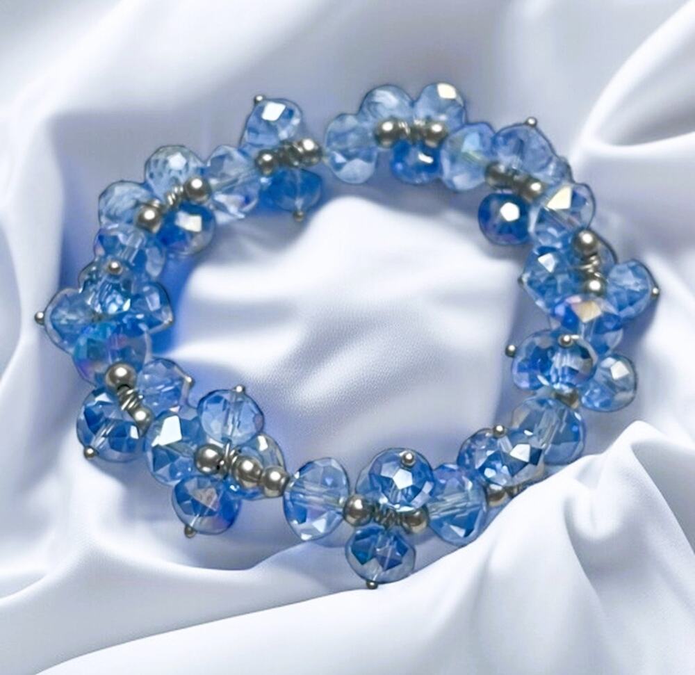 Vintage Ice Blue Cluster Crystal Glass Iridescent Beads & Silver Balls Bracelet